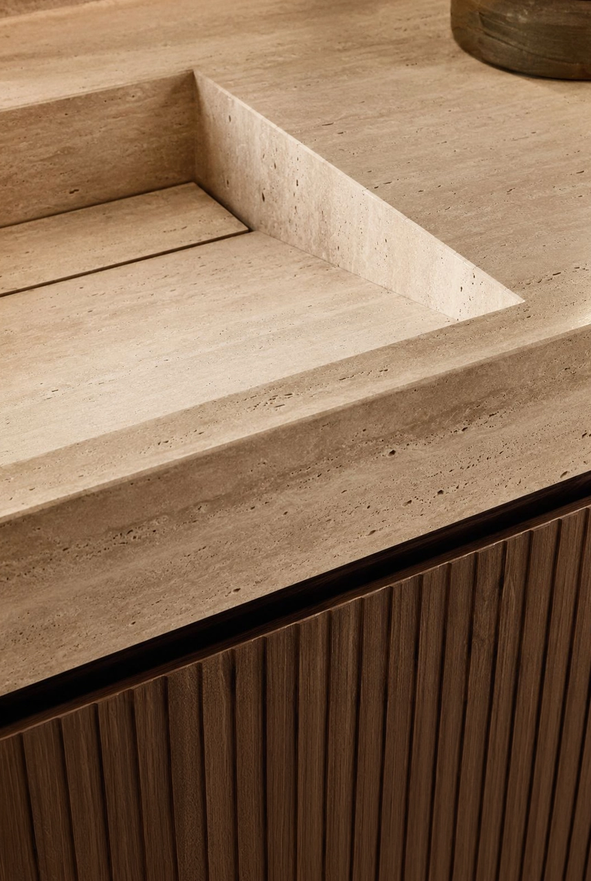 X4 Design and Build integrated stone basin detail with thick travertine countertop, clean basin cutout, ribbed wood cabinet front, and luxury bathroom fit-out finishing